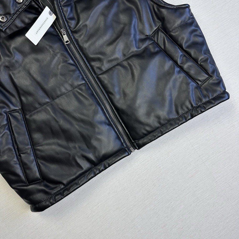 NWT Anthropologie Vest Black Faux Leather Quilted Puffer Full Zip Crop Women S - Picture 3 of 10